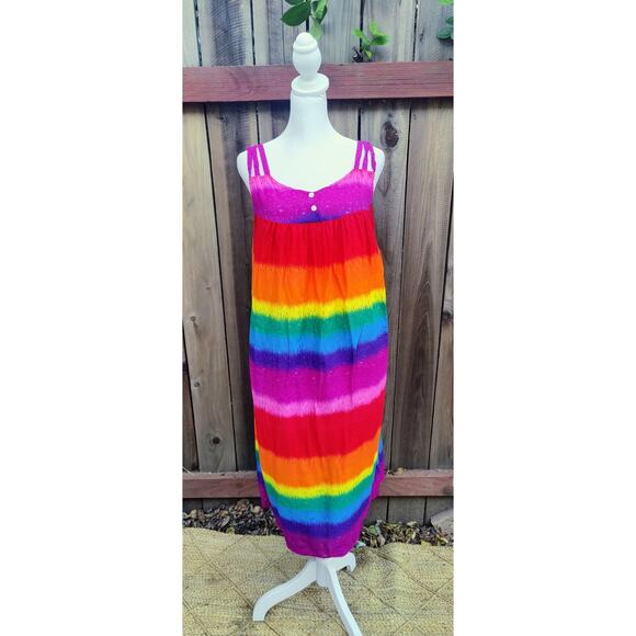 VTG 90s Vanee Rainbow Stripe Sundress Boho Strappy Maxi Dress Dopamine Festival - Picture 2 of 5